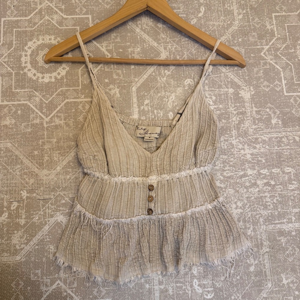 Y2K babydoll Cottagecore tank top‎ Beige Peplum Boho Frayed Hem Small